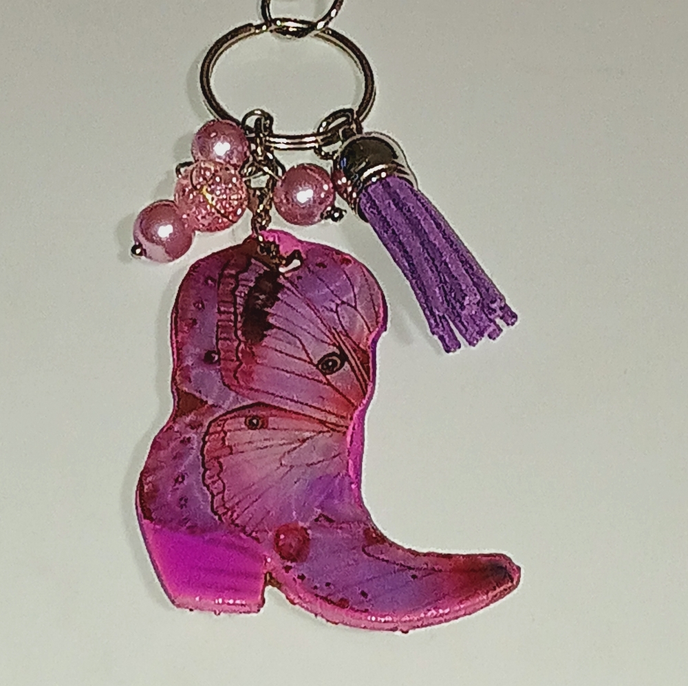 Charming Pink Butterfly Boot Key Holder with Purple Tassel